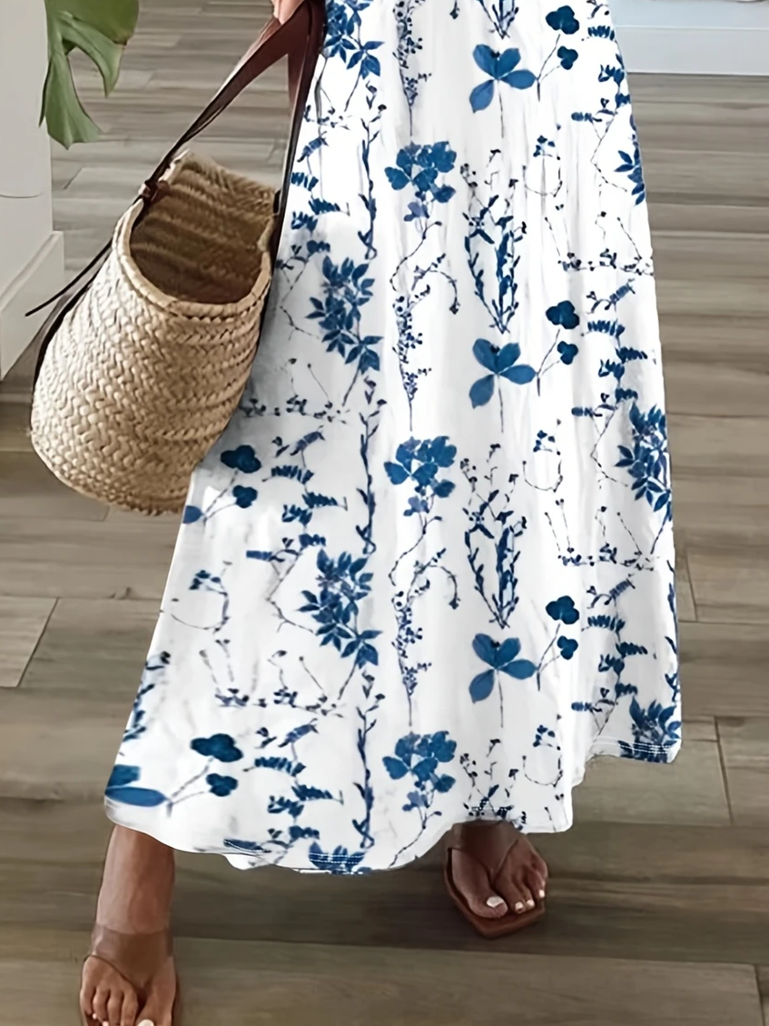 Women's Floral Spring Print V-Neck Short Sleeve Slit Dress