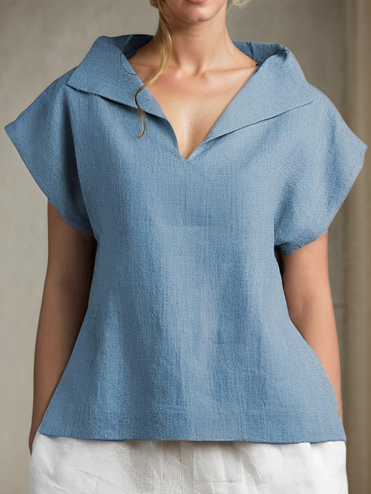 Linen Casual Plain Shawl Collar linen-cotton Blouse