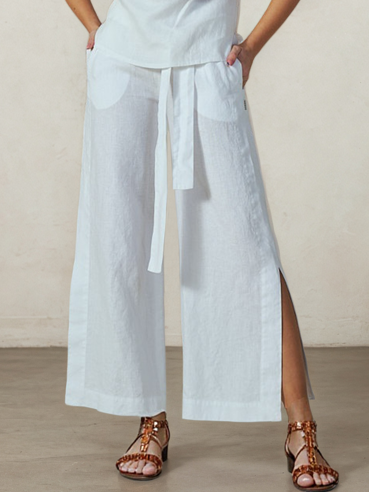 Casual Plain linen-cotton Straight Pants