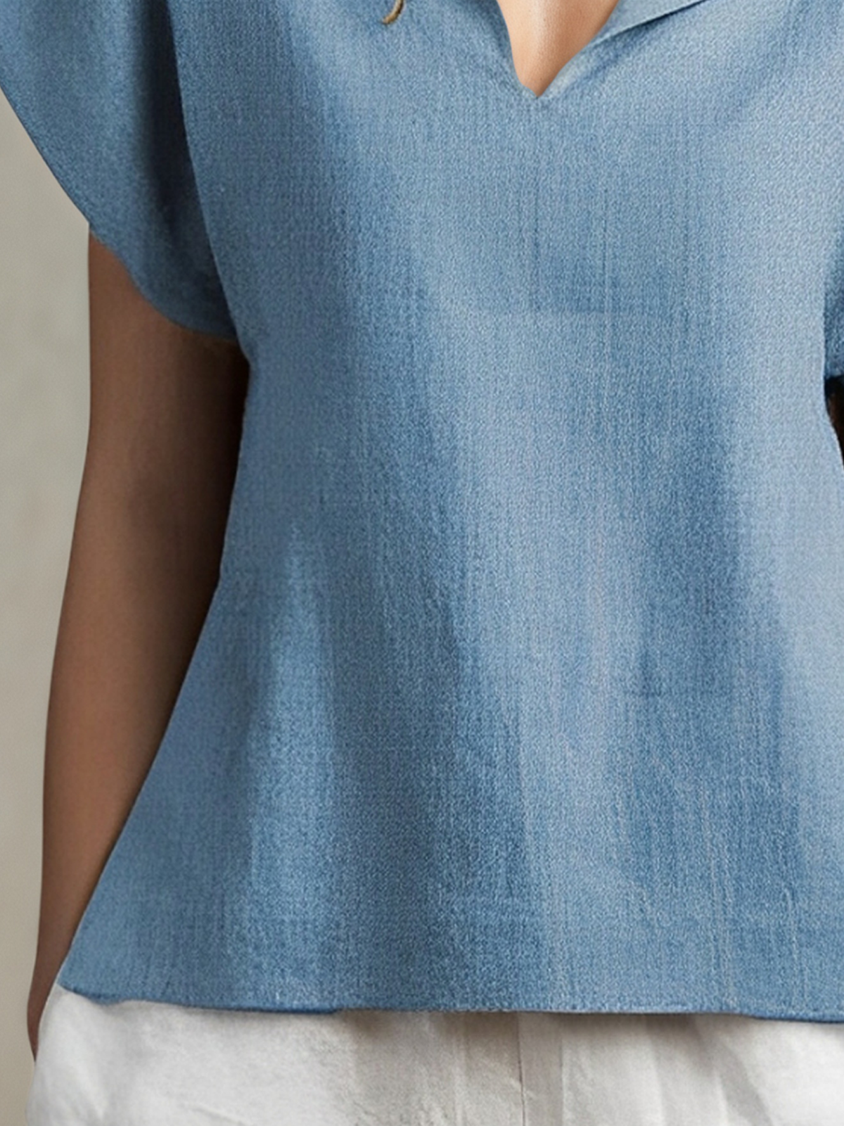 Linen Casual Plain Shawl Collar linen-cotton Blouse