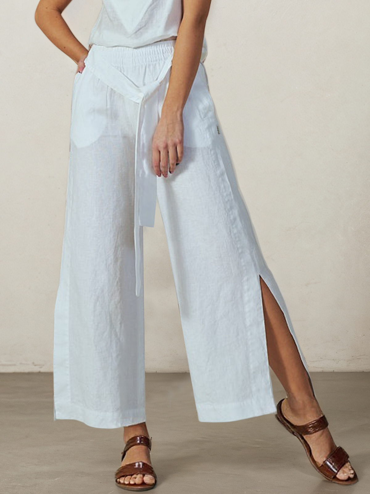 Casual Plain linen-cotton Straight Pants