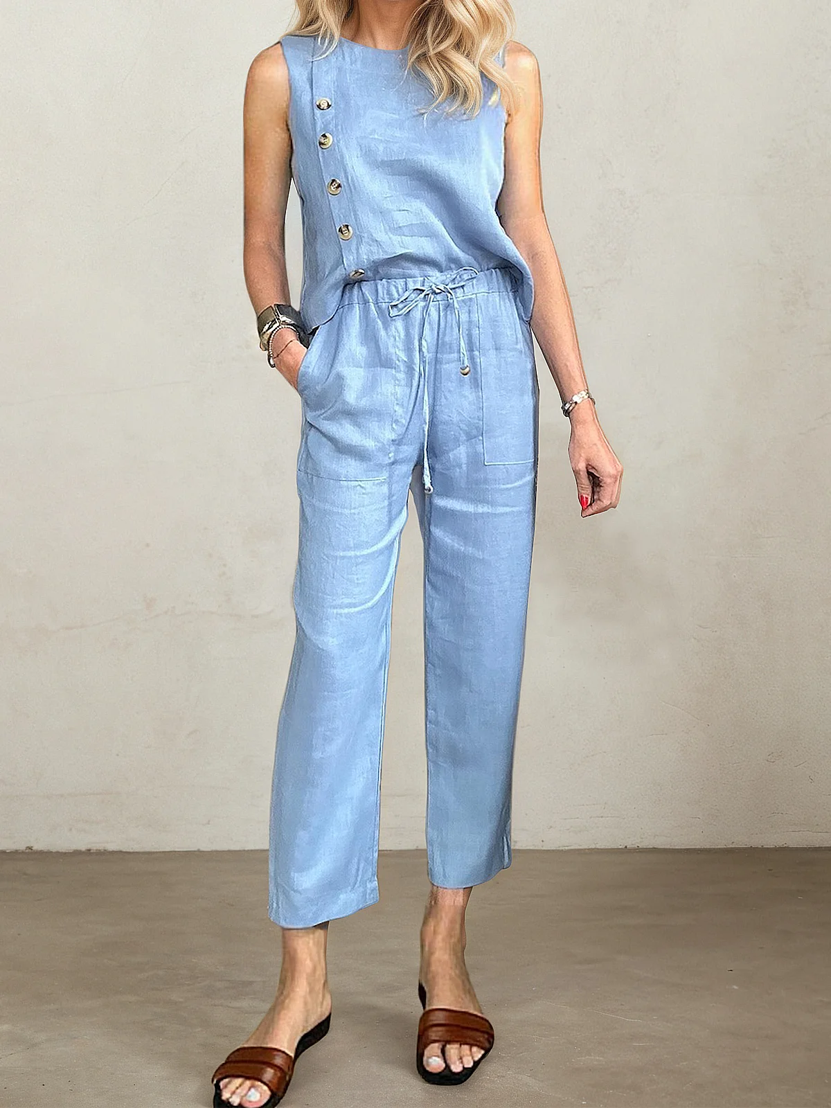 Linen Casual Plain linen-cotton  Tank Top