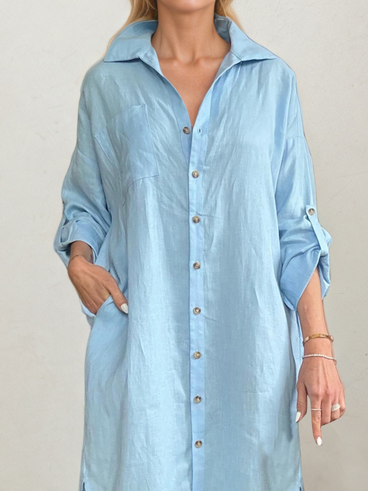 Casual Plain Shirt Collar linen-cotton Midi Dress