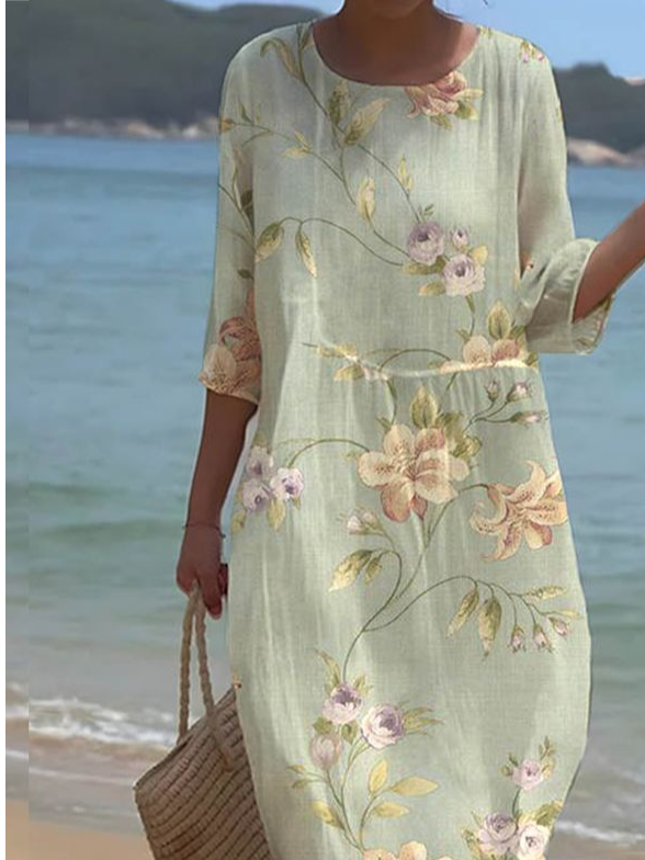 Printed Casual Mid Sleeve Round Neck Dress