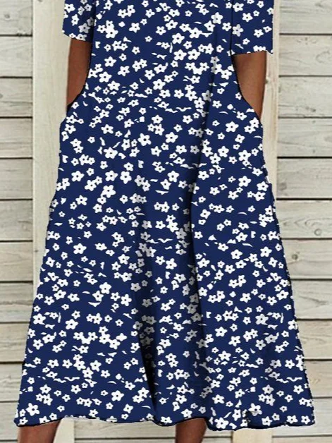 Women's Short Sleeve Summer Purplish blue Floral Printing Crew Neck Daily Going Out Casual Maxi H-Line Shift Dress Dress