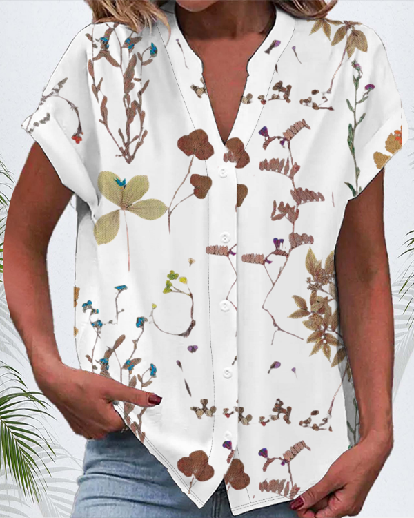 Women's Short Sleeve Shirt Summer Black Floral Buckle V Neck Daily Going Out Casual Top