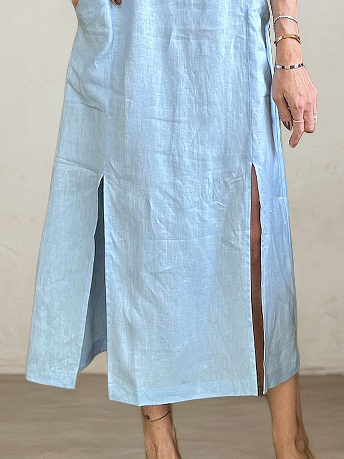 Casual Plain Slit Crew Neck linen-cotton Maxi Dress