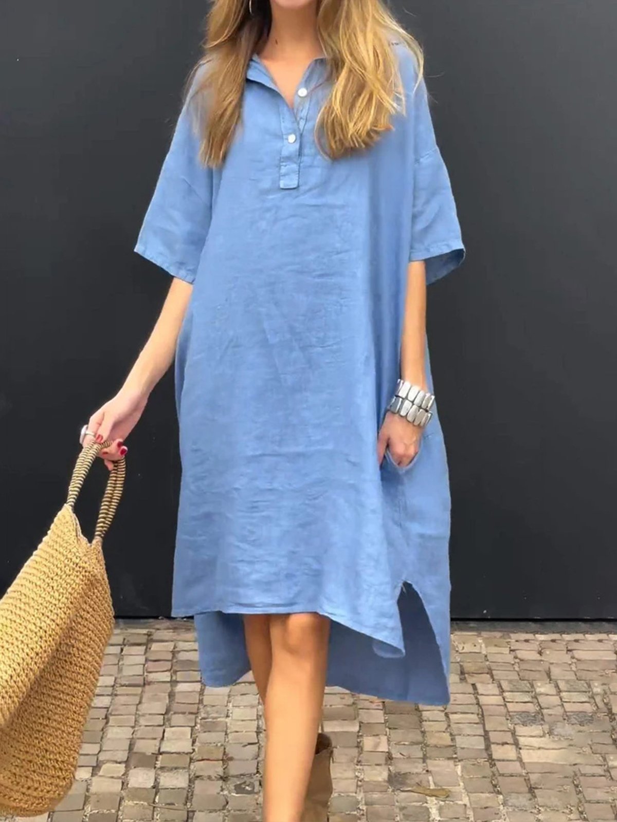 Casual Plain Shirt Collar Midi Dress