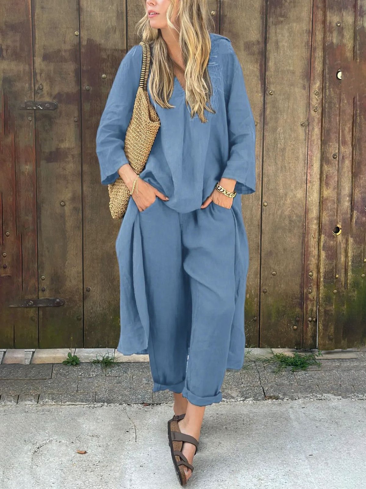 Casual Plain V Neck Two-Piece Set