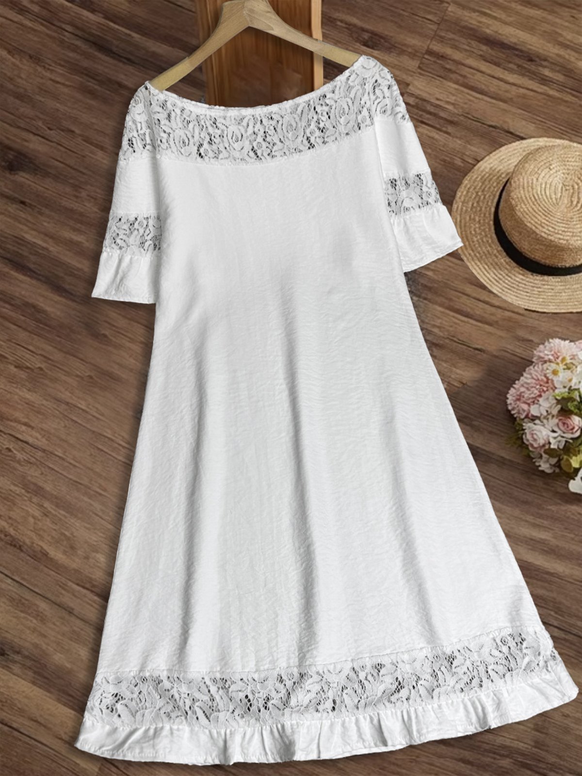 Casual Plain Split Joint Crew Neck Knee Length Dress