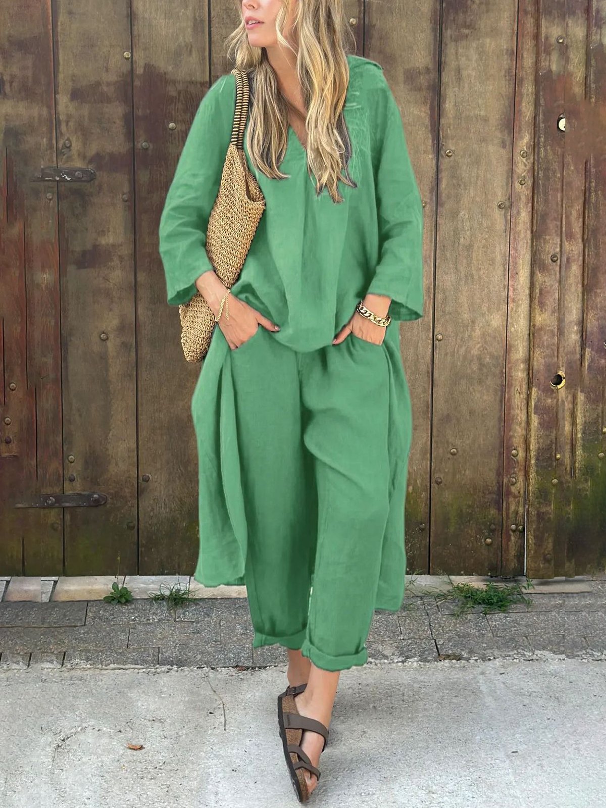Casual Plain V Neck Two-Piece Set