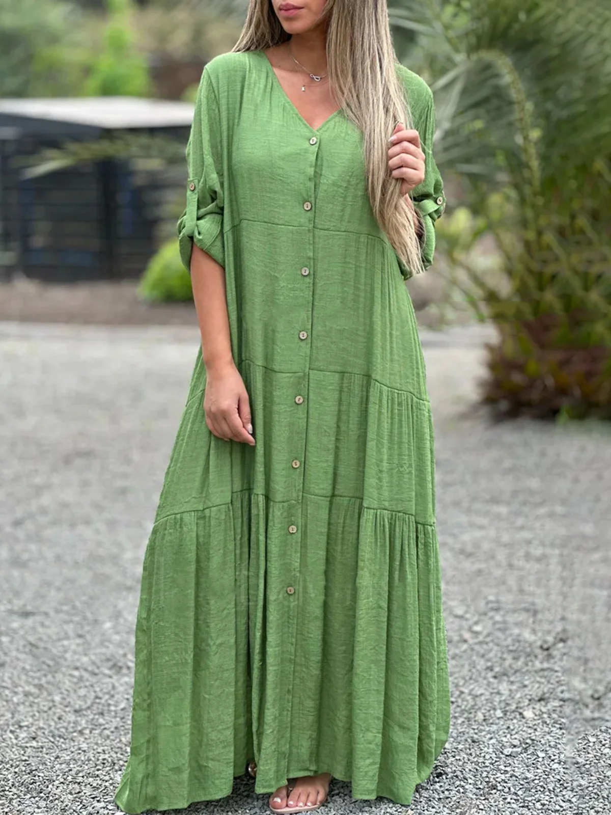 Casual Plain V Neck Maxi Dress
