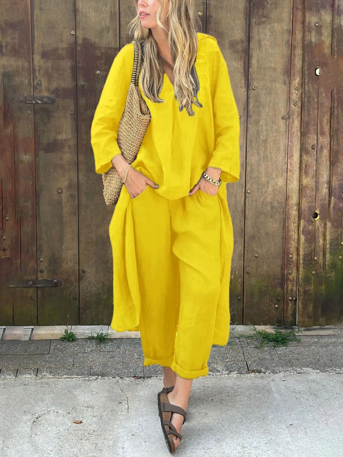 Casual Plain V Neck Two-Piece Set