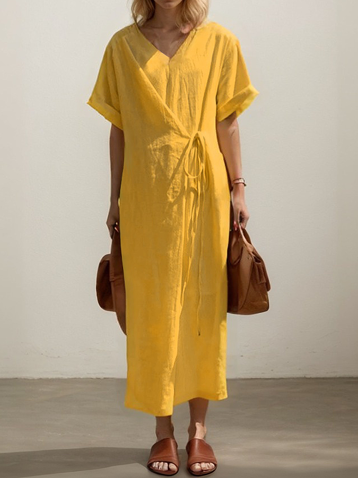 Linen Plain Crew Neck Maxi Dress