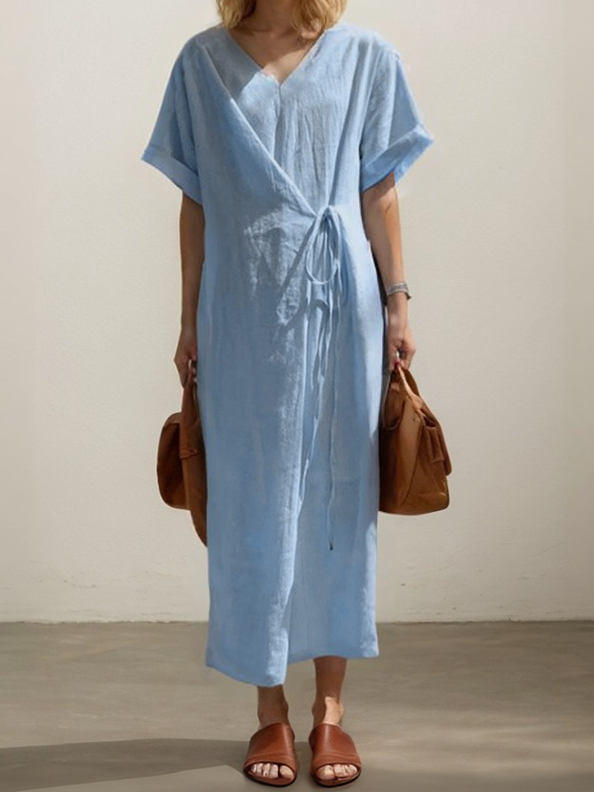 Linen Plain Crew Neck Maxi Dress