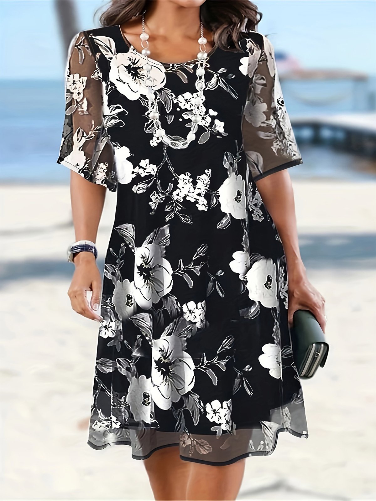 Vacation Floral Crew Neck Midi Dress