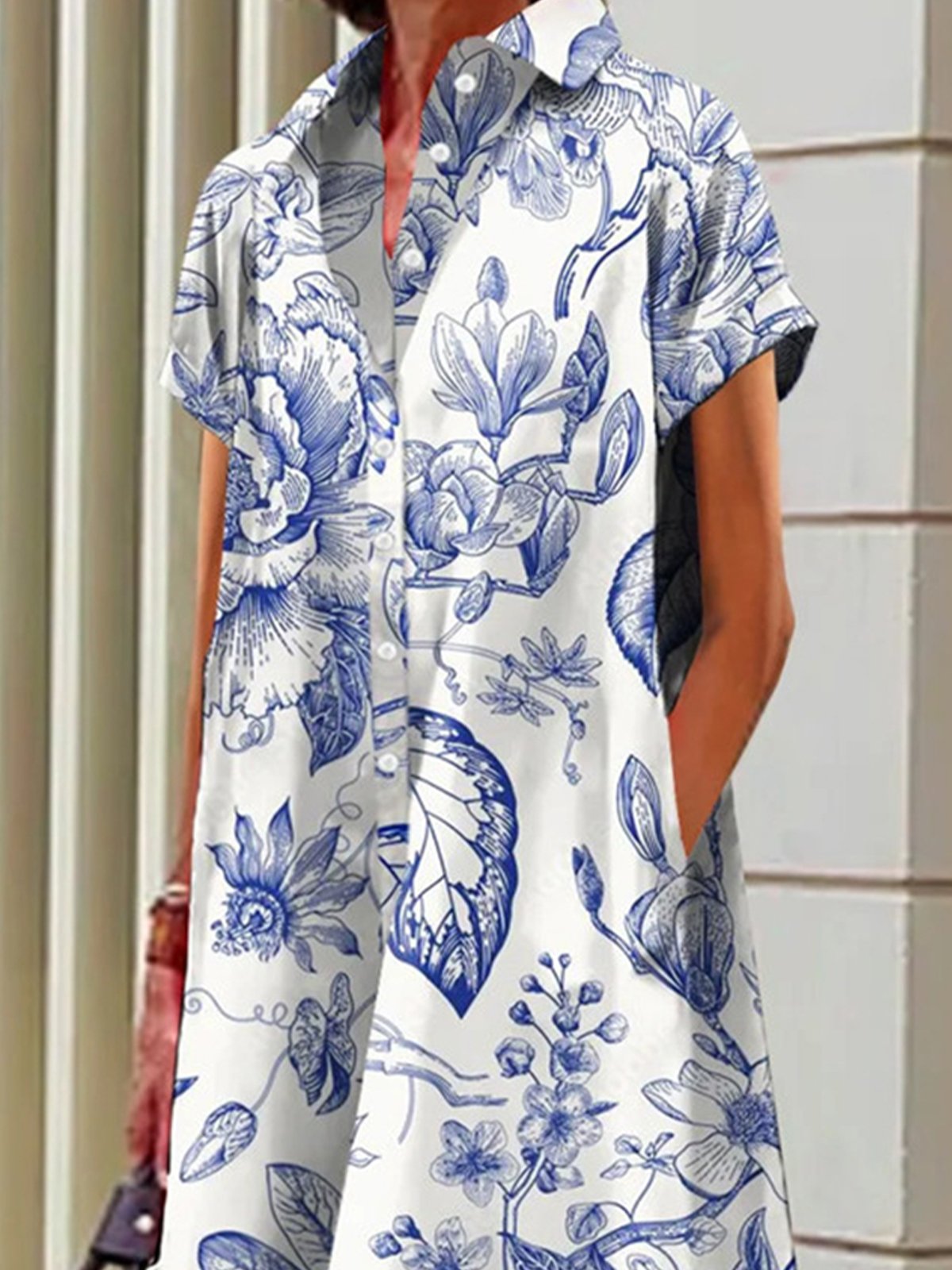 Casual Floral Shirt Collar Midi Dress