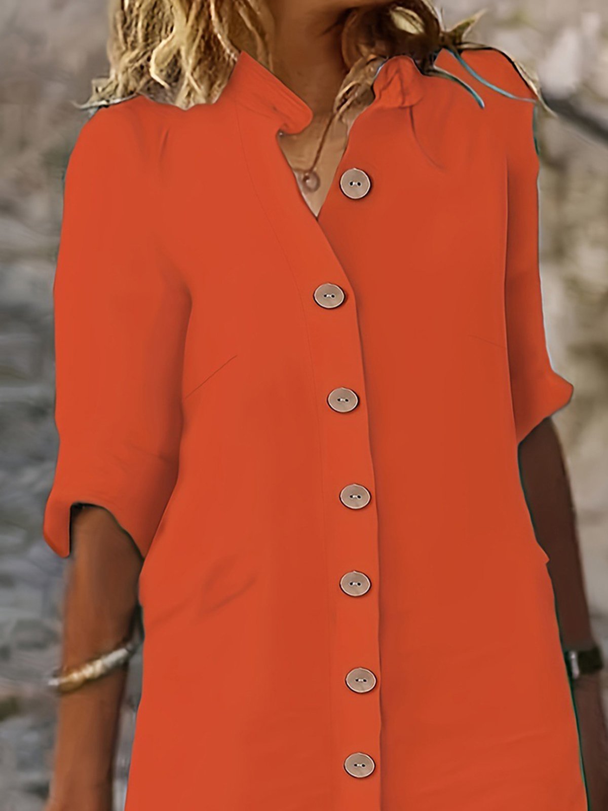 Casual Plain Button Stand Collar Midi Dress