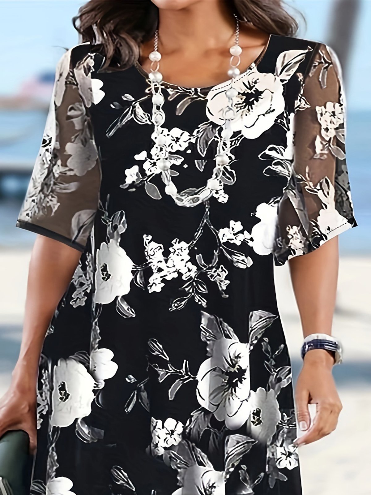 Vacation Floral Crew Neck Midi Dress