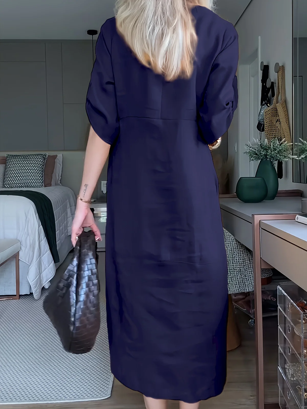Casual Plain Buttoned Crew Neck Maxi Dress