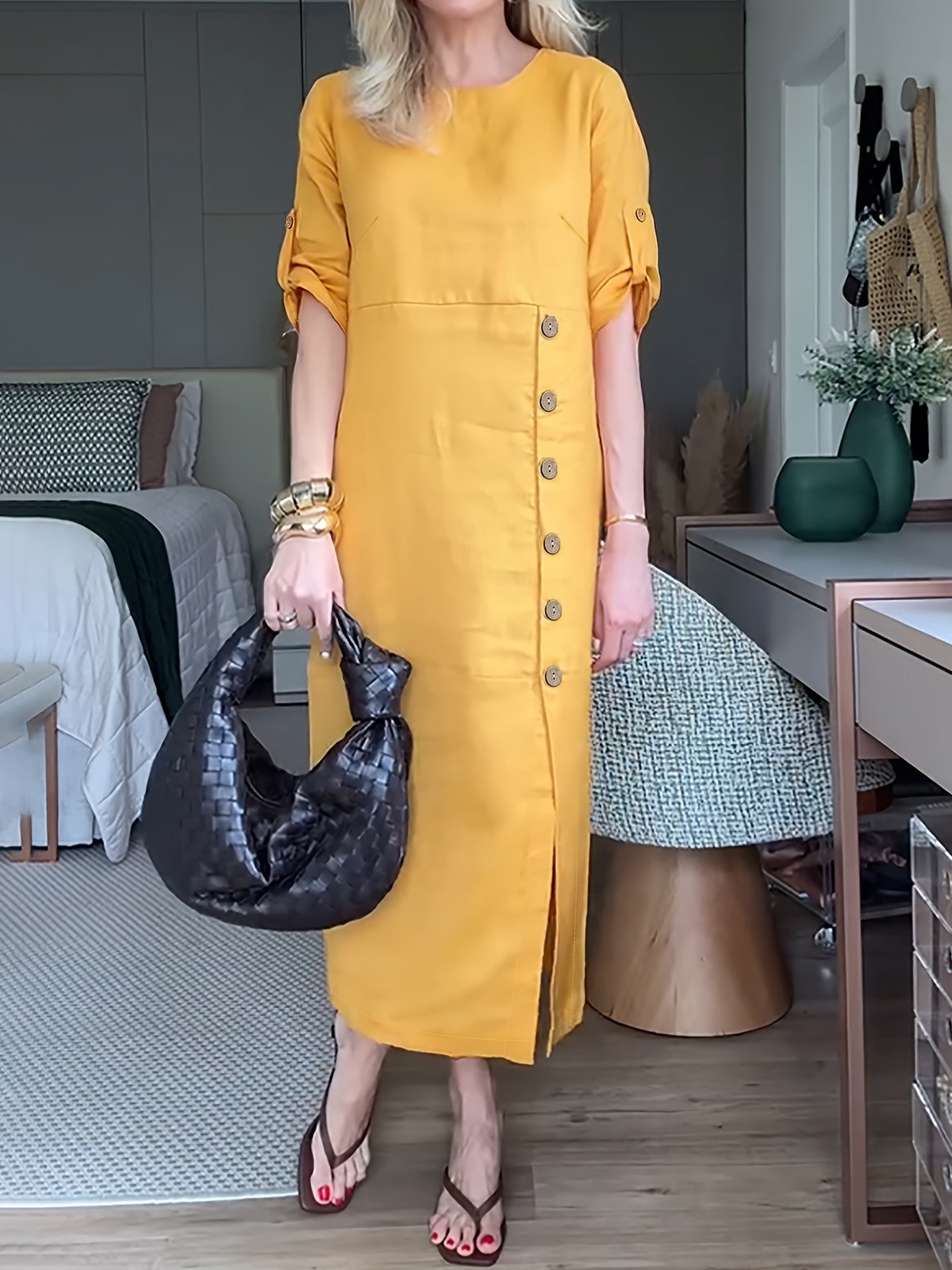 Casual Plain Buttoned Crew Neck Maxi Dress
