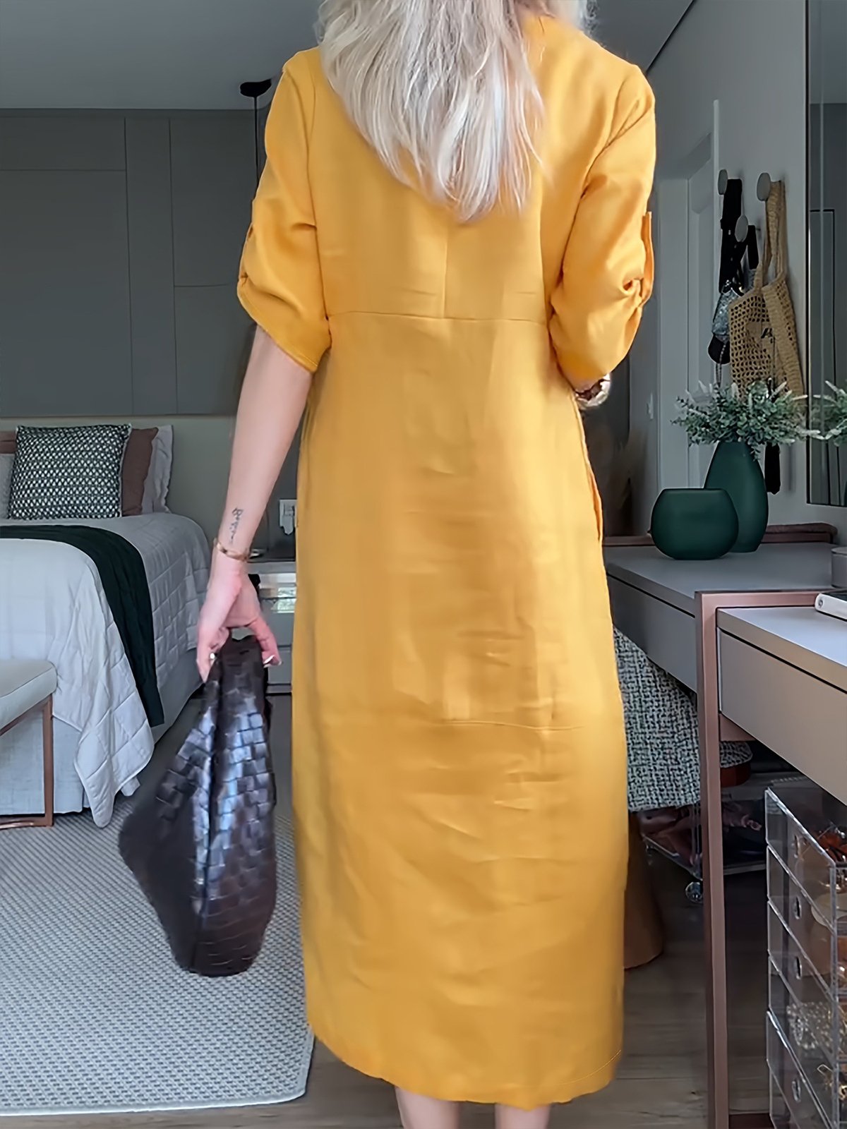 Casual Plain Buttoned Crew Neck Maxi Dress