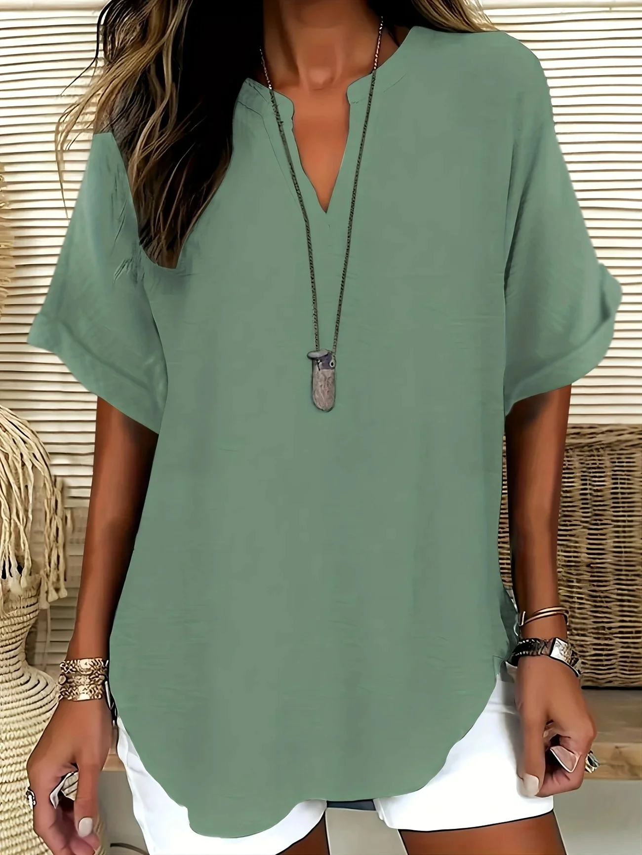 Loose Shawl Collar Cotton Simple Blouse