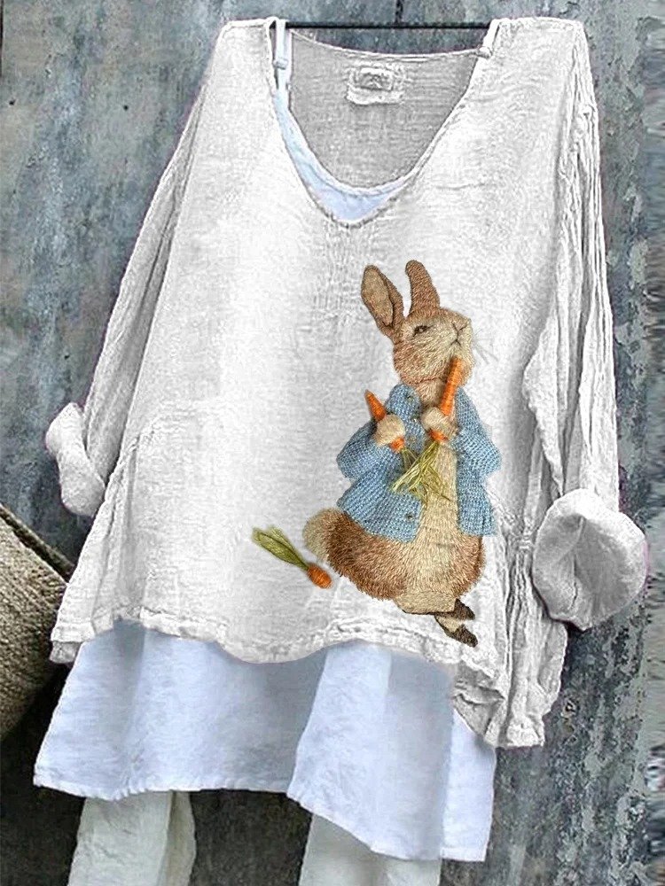 Women Easter (rabbit) V Neck Vintage Long Sleeve T-shirt