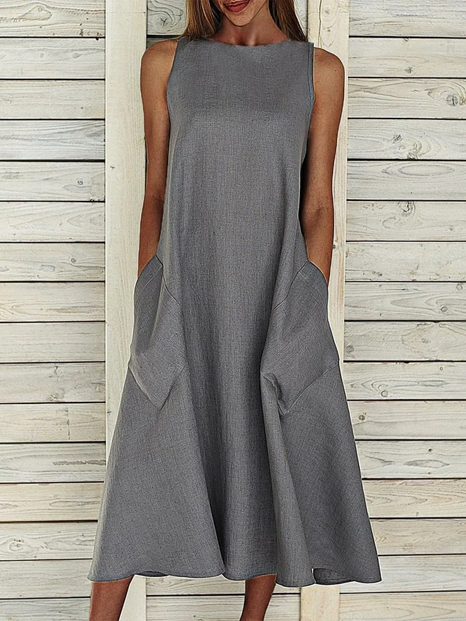 Women's Sleeveless Summer Gray Plain Printing Crew Neck Daily Going Out Casual Maxi H-Line Fit & Flare Dress Dress