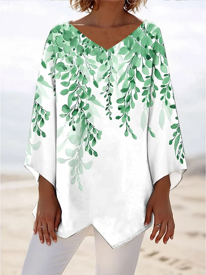 Plants Loose Simple V Neck Blouse