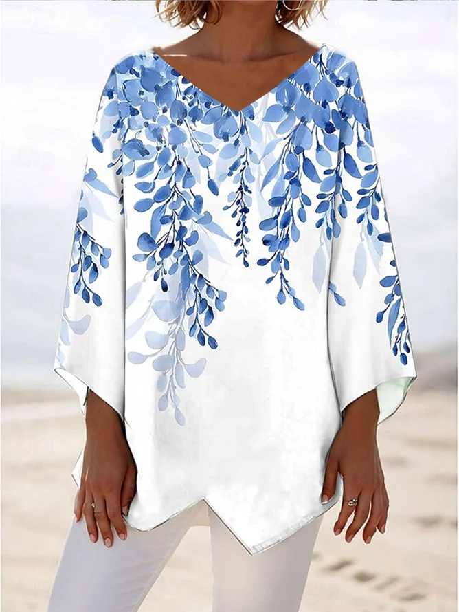 Plants Loose Simple V Neck Blouse