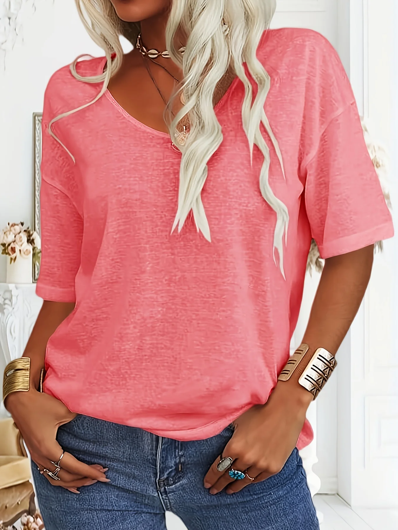 Women Floral V Neck Casual Short Sleeve T-shirt