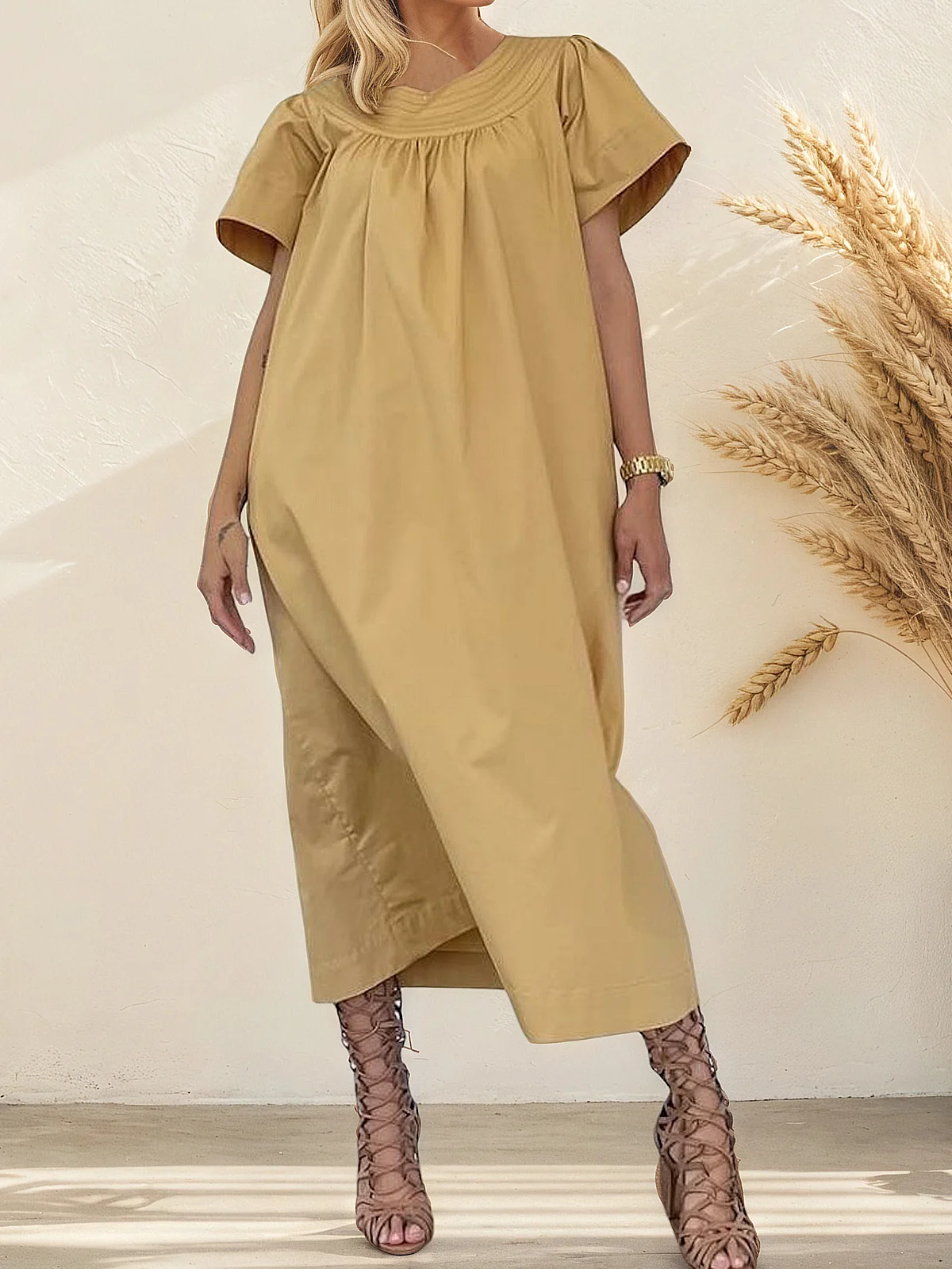 Vacation Plain  Crew Neck Midi Dress