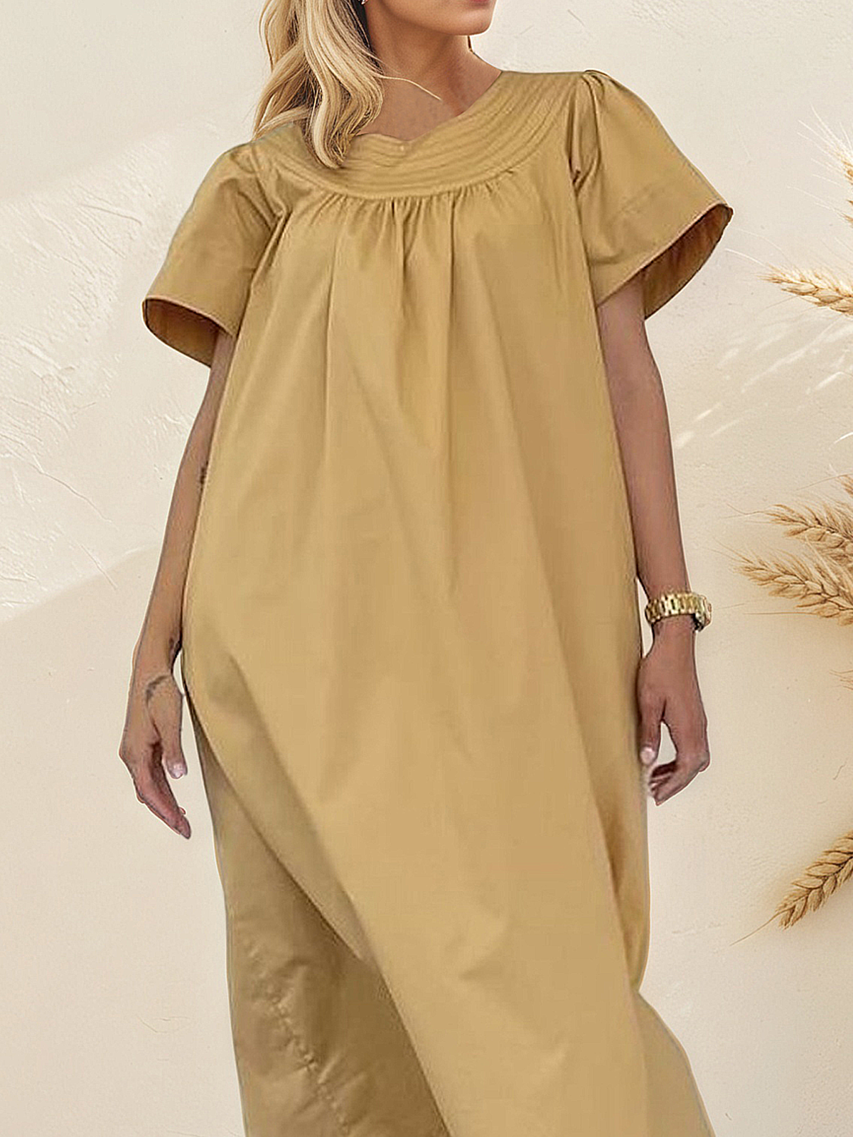 Vacation Plain  Crew Neck Midi Dress