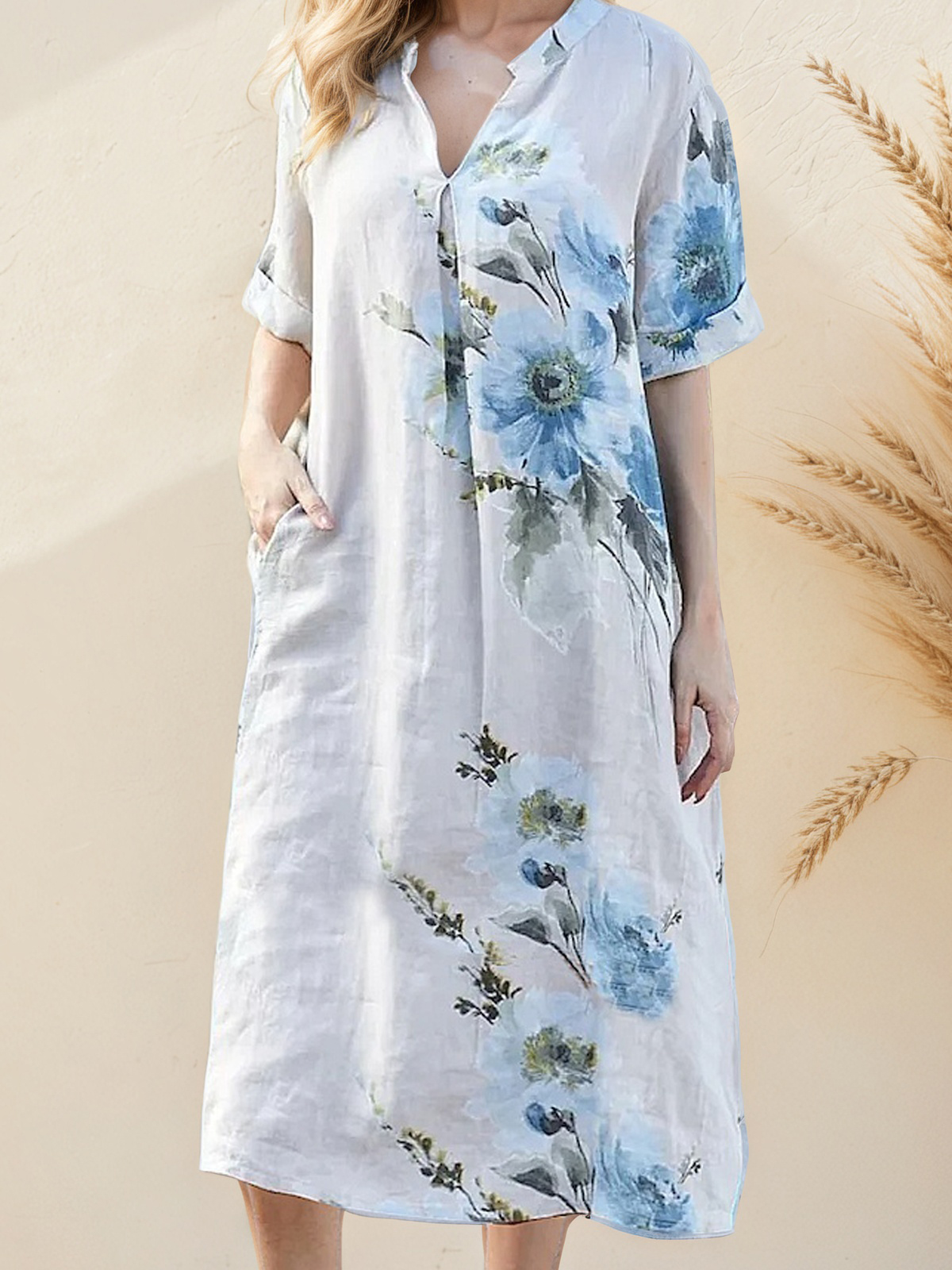 Casual Floral linen-cotton  Stand Collar Midi Dress