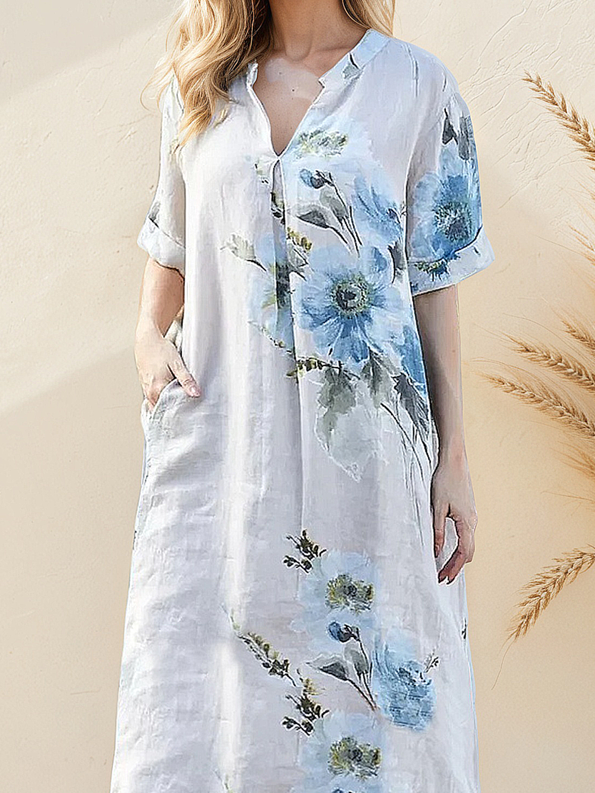 Casual Floral linen-cotton  Stand Collar Midi Dress