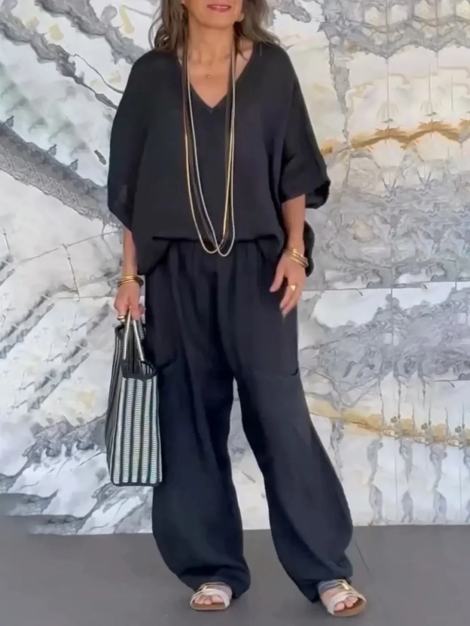 Casual Plain V Neck Two-Piece Set