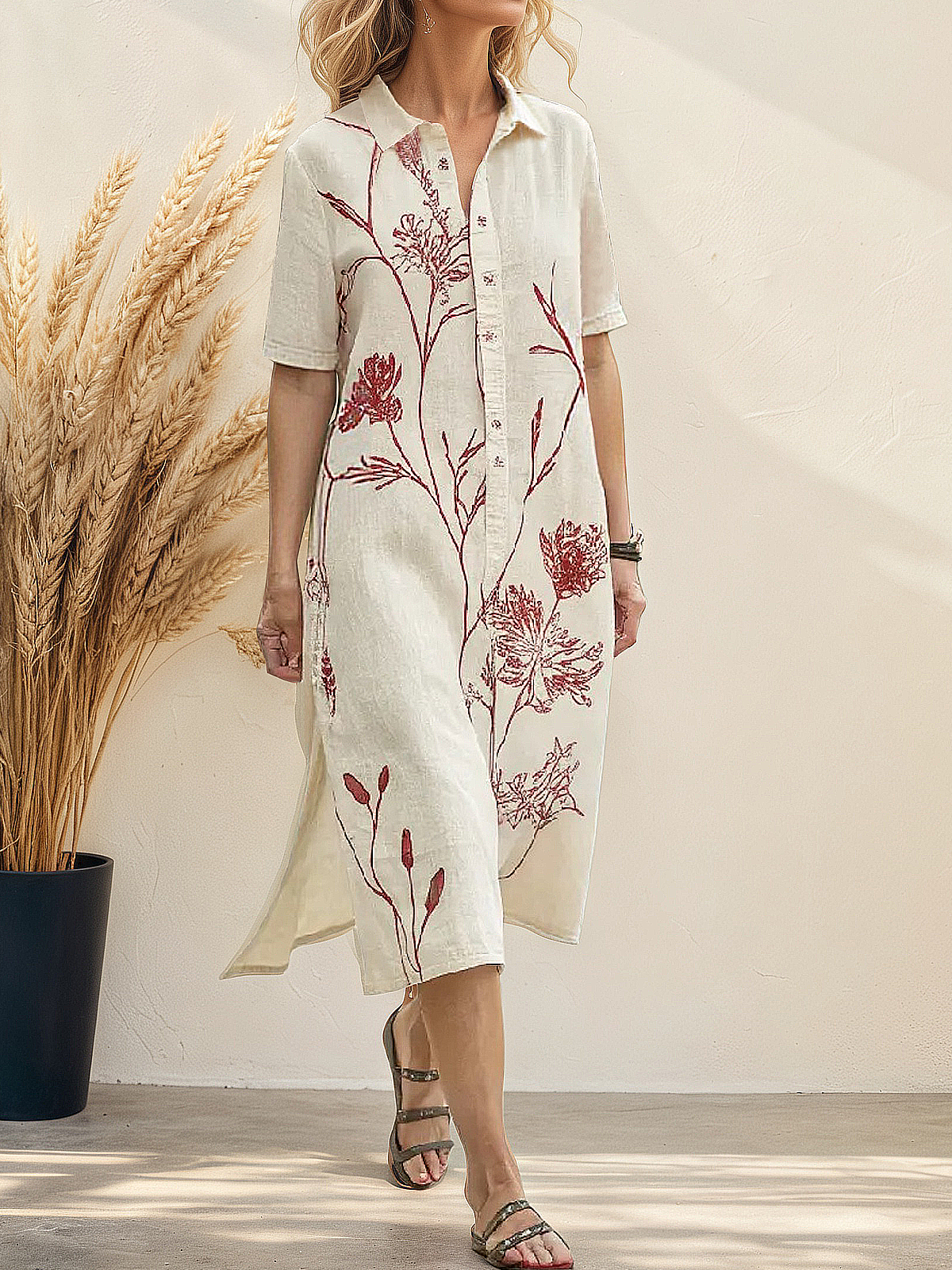 Casual Floral linen-cotton Midi Dress