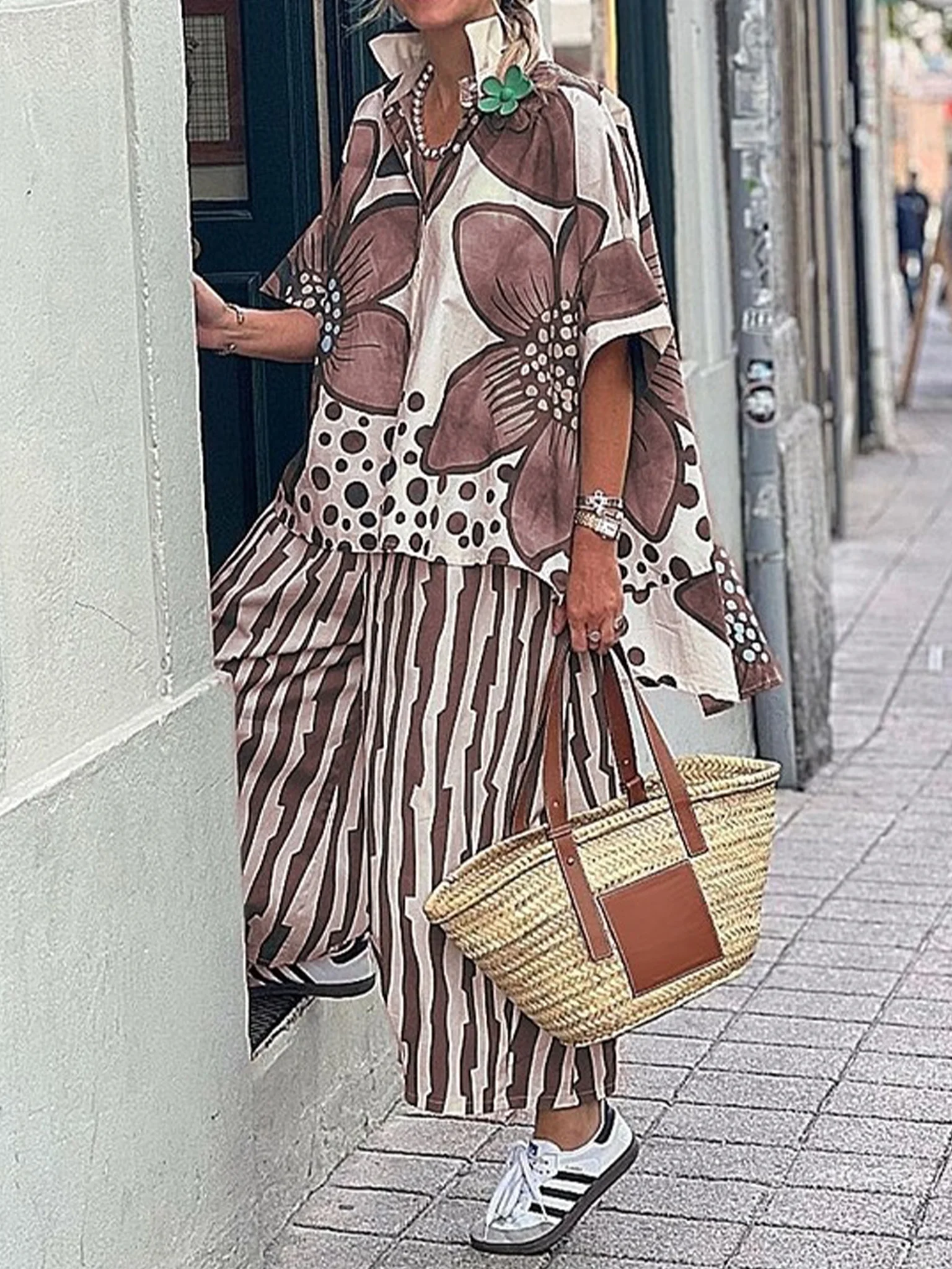 Casual Floral Shirt Collar Two-Piece Set