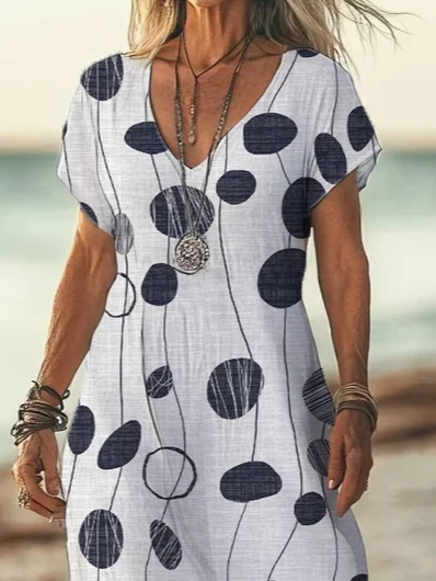 Women's Polka Dot Printed Casual V-Neck Short Sleeve Dress