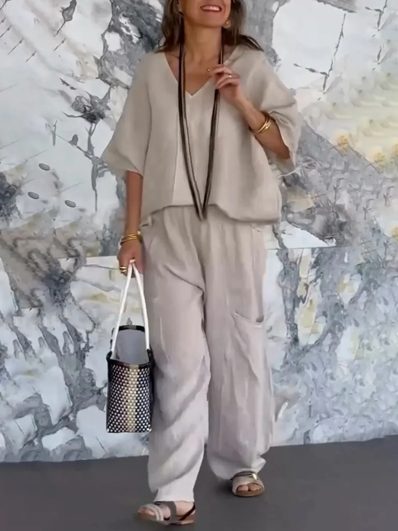 Casual Plain V Neck Two-Piece Set