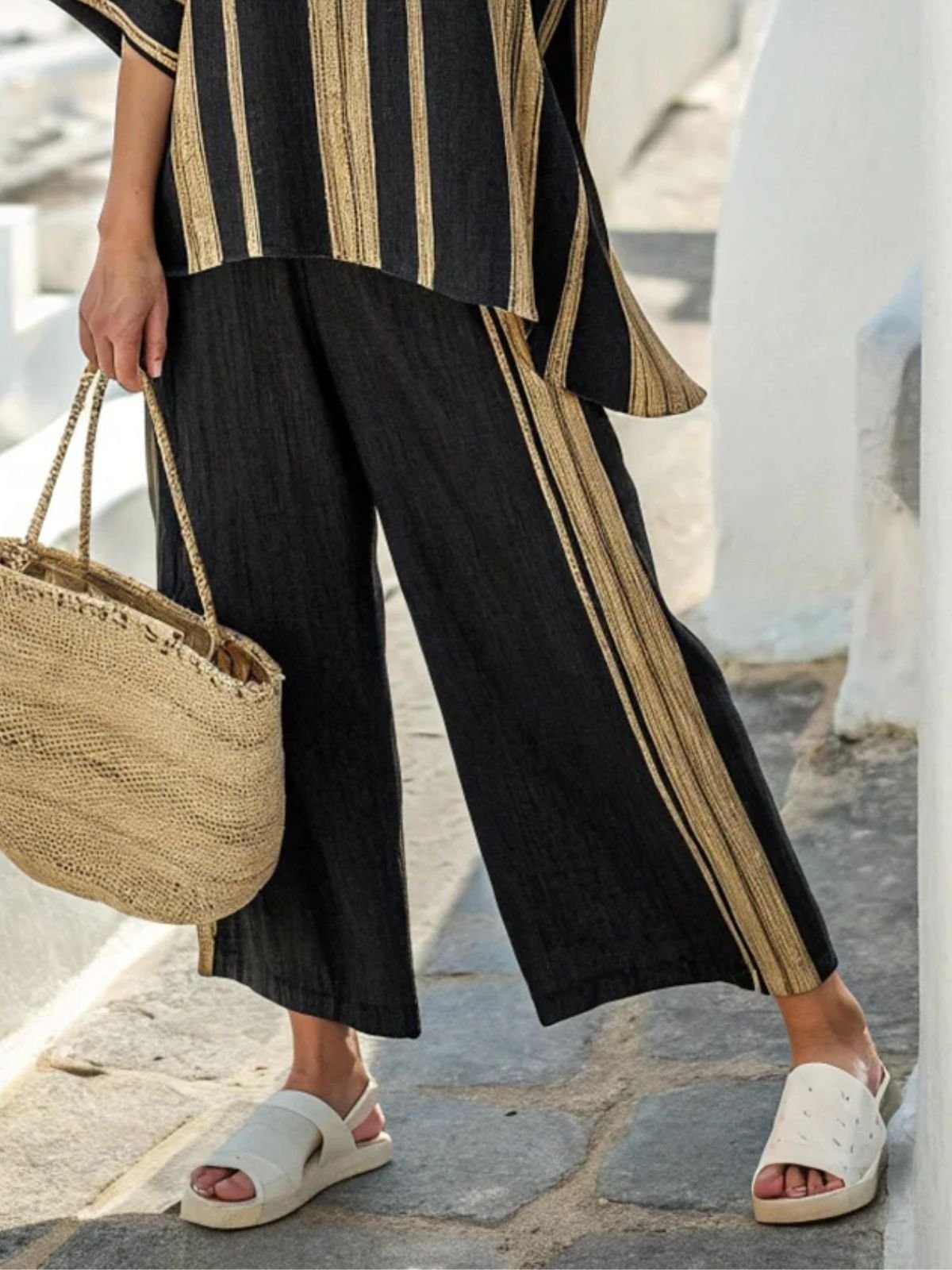Crew Neck Loose Casual Striped Two-Piece Set