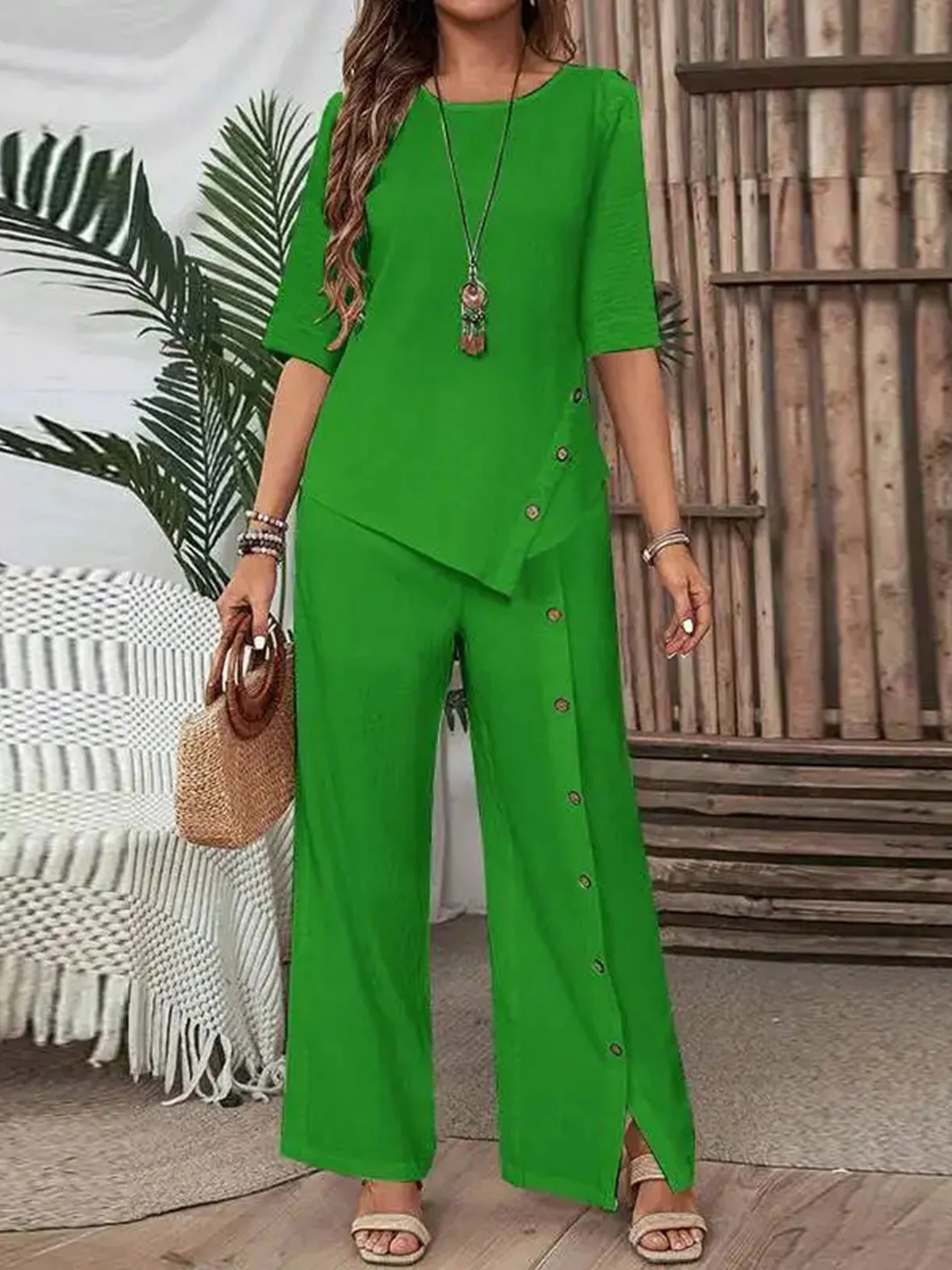 Casual Plain Crew Neck Two-Piece Set