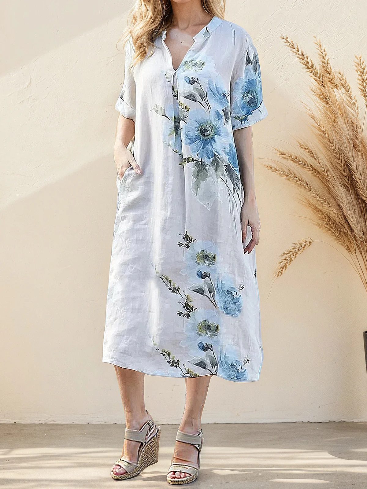 Casual Floral linen-cotton  Stand Collar Midi Dress
