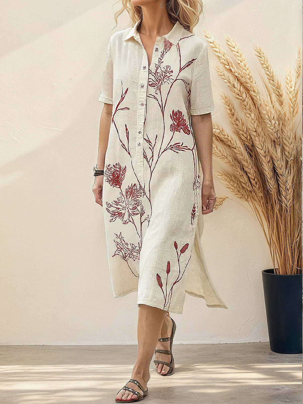 Casual Floral linen-cotton Midi Dress
