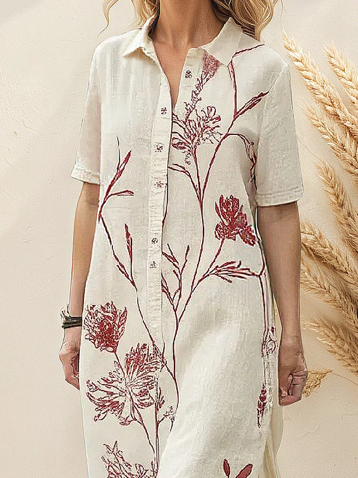 Casual Floral linen-cotton Midi Dress