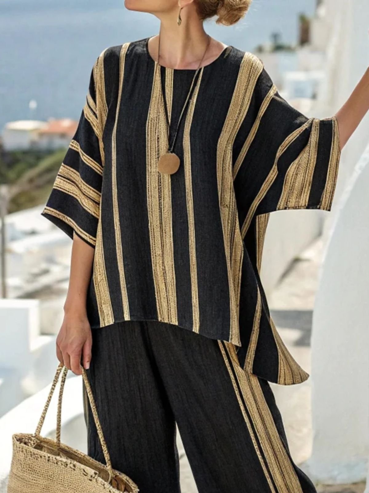 Crew Neck Loose Casual Striped Two-Piece Set
