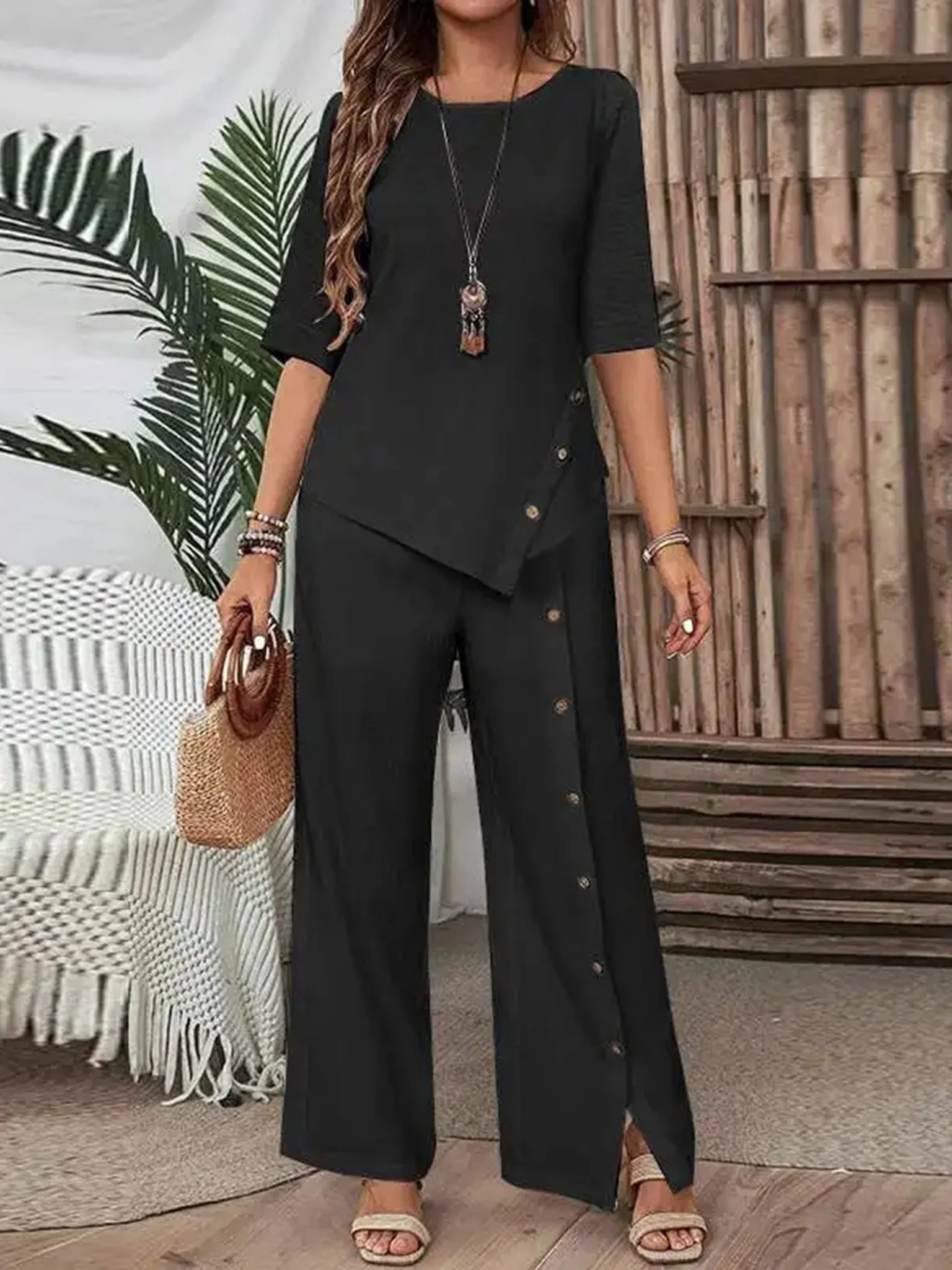 Casual Plain Crew Neck Two-Piece Set
