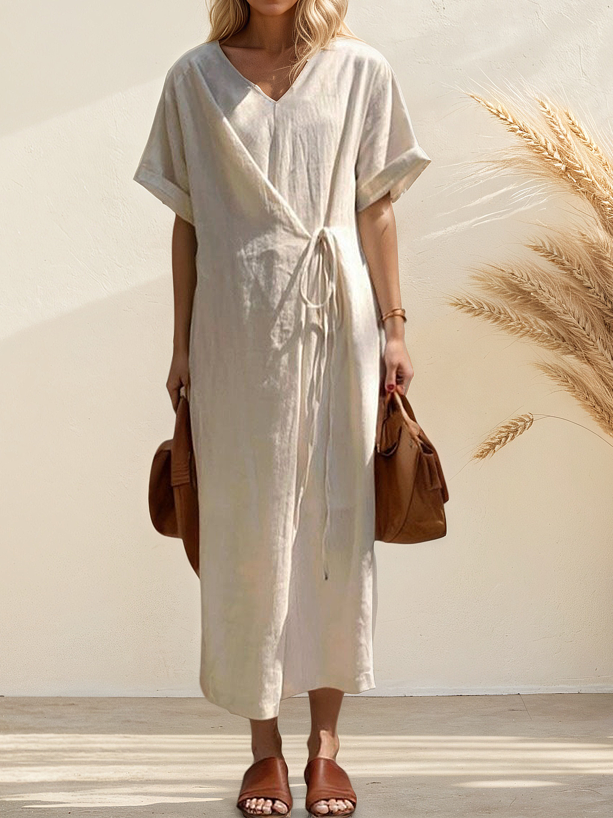 Linen Plain Crew Neck Maxi Dress