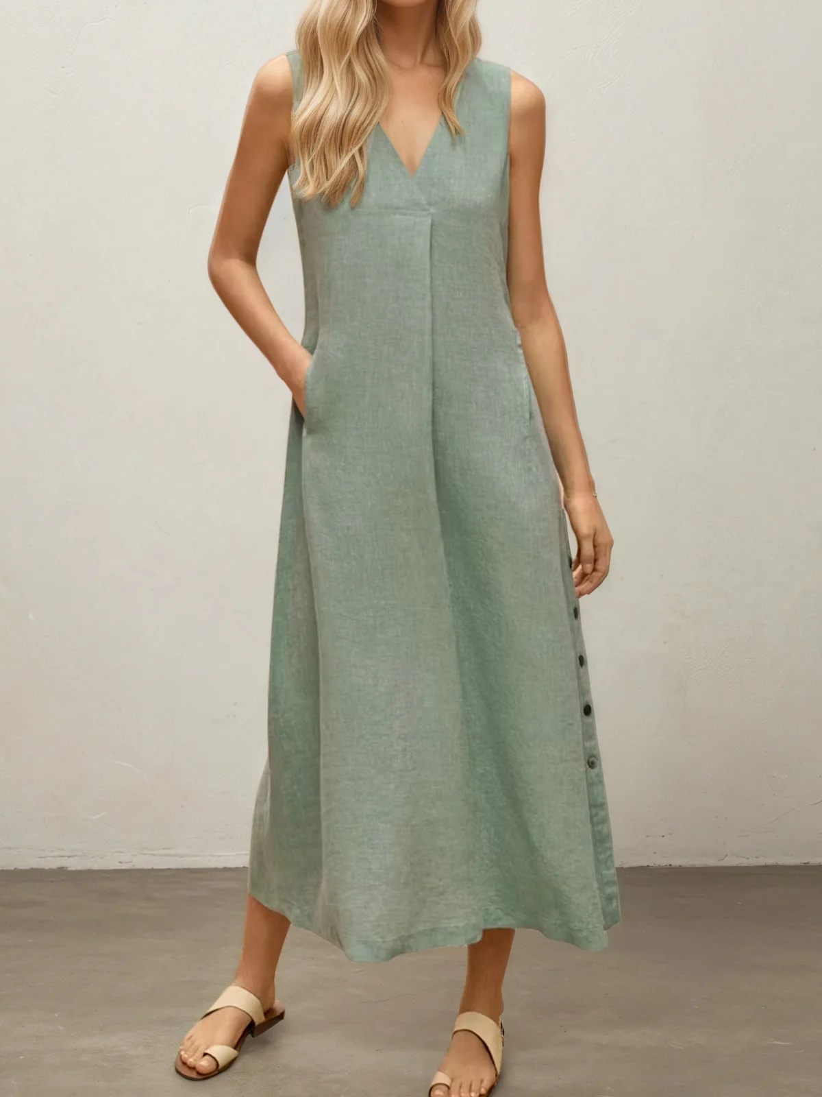 Casual Plain Pocket Stitching V Neck linen-cotton Maxi Dress